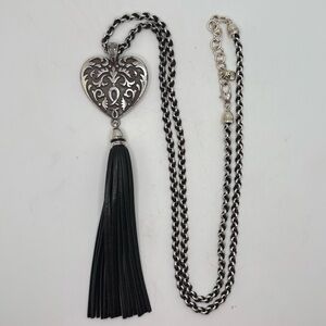 Brighton Cordoba Heart Pendant Black Leather Tassel Silver Tone Long Necklace